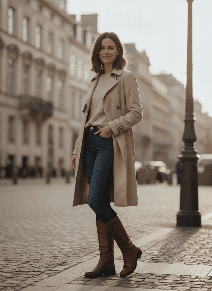 A woman on a city street in a trench coat, photographed from a low angle so she reads tall.