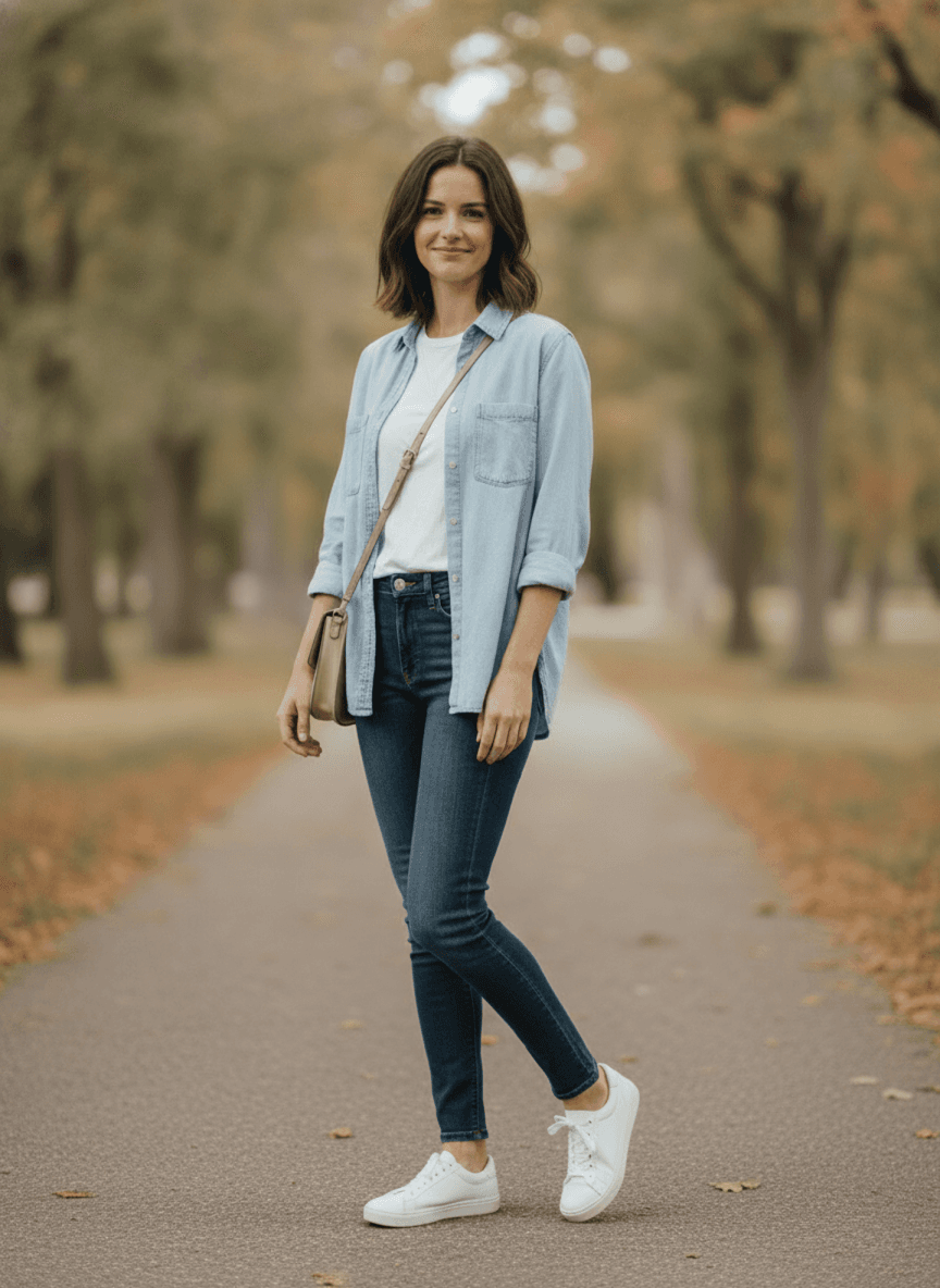 A woman photographed from a natural distance, full body, proportions true and the background softly separated.