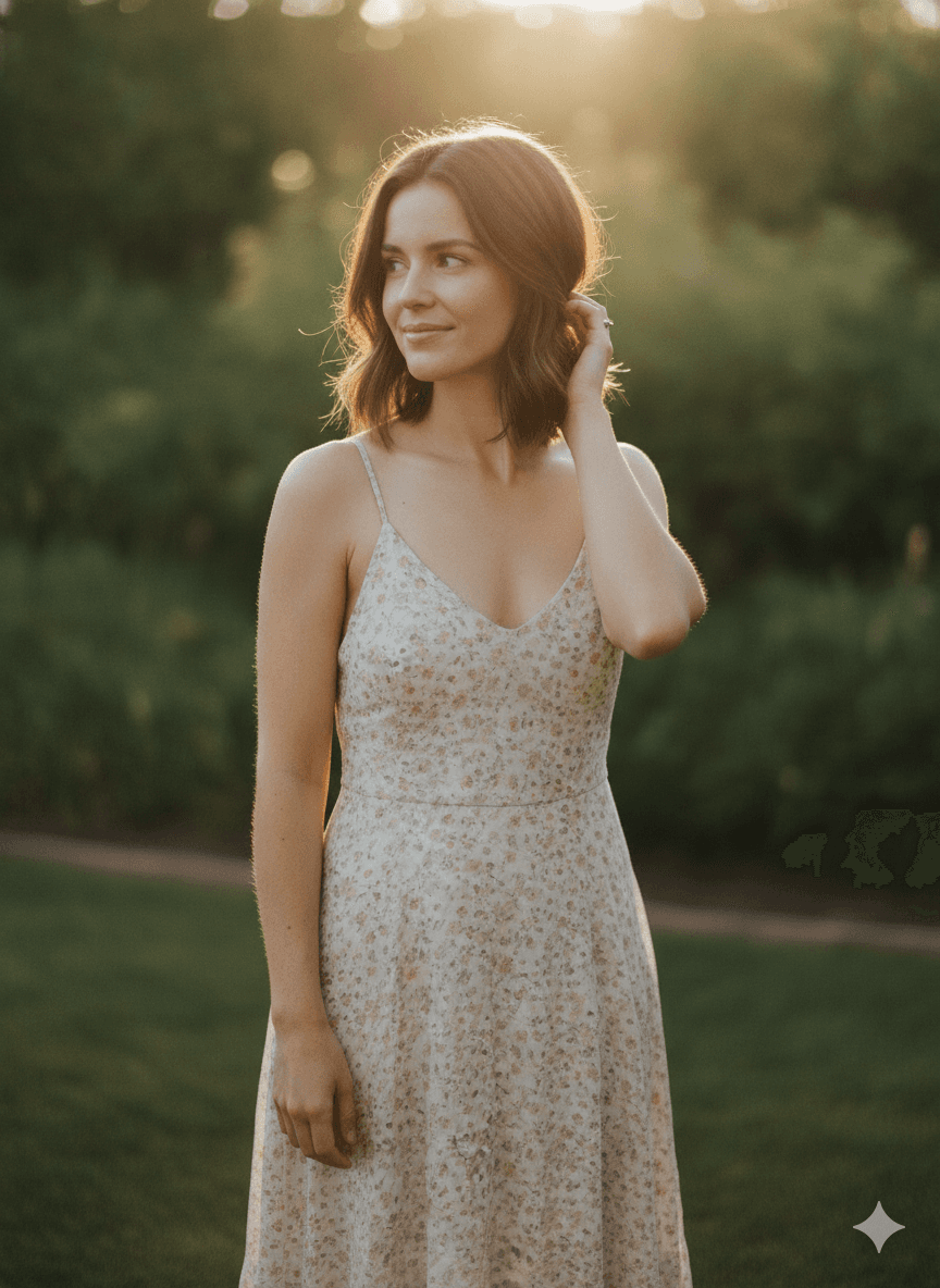 A woman in soft directional light, the sun low behind her shoulder giving a gentle glow while her face stays bright.