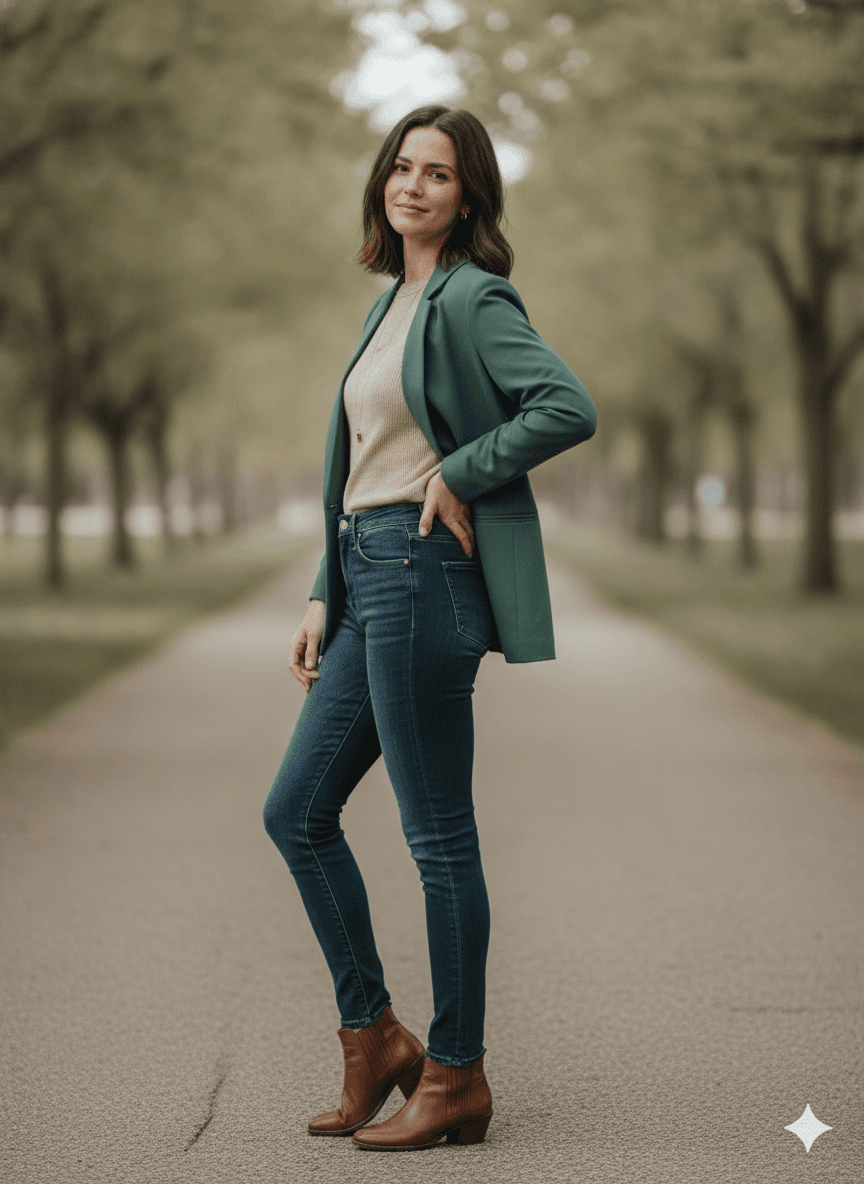 A woman standing at a three-quarter angle, weight on her back foot, a gap between her arm and her waist, one hand relaxed in a pocket.