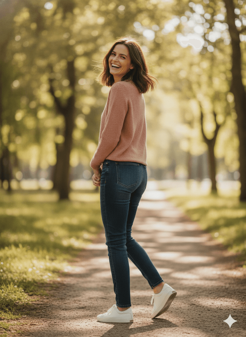 A woman walking and laughing naturally, captured mid-stride looking slightly away from the camera.