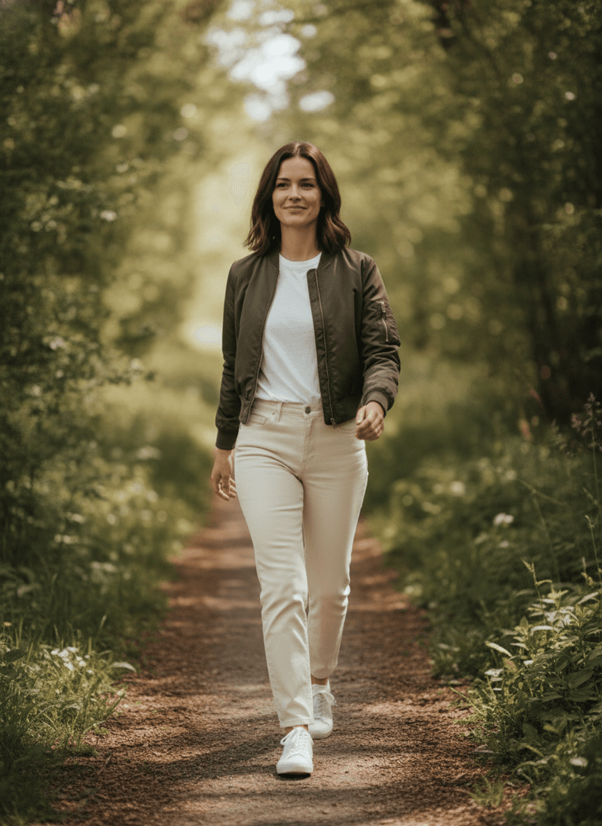 A woman walking toward the camera mid-stride, hair and coat in motion, a relaxed natural expression.
