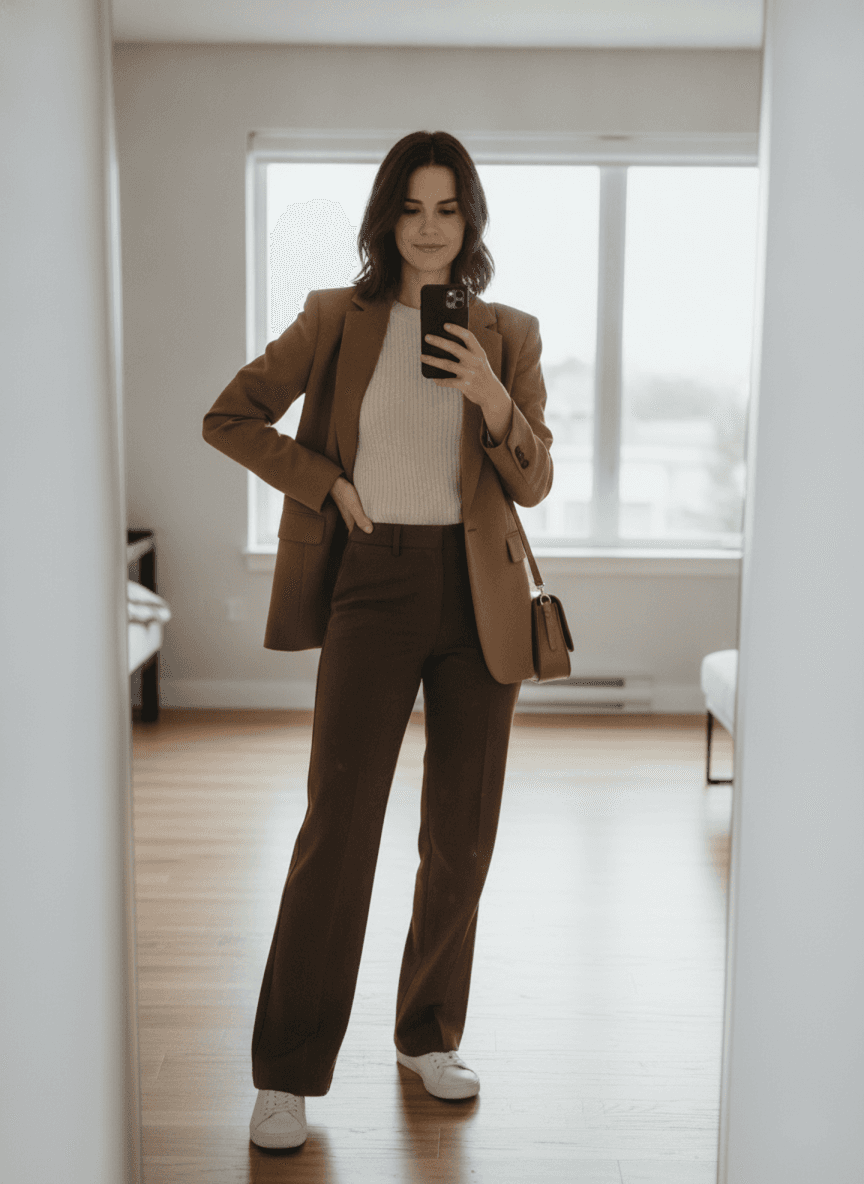 A woman taking a full-length mirror selfie, phone held low and slightly to the side, body at a slight angle, clean background.