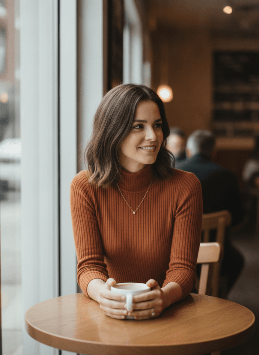 A woman seated by a large café window, soft daylight across her face, a cup in her hands, warm relaxed mood.