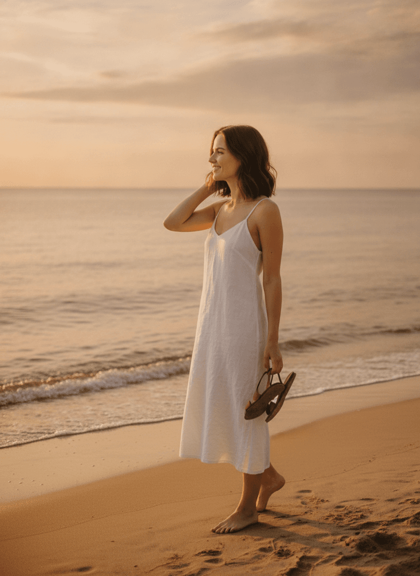 A woman on the beach at golden hour, sun low behind her, warm light, a level horizon line behind.