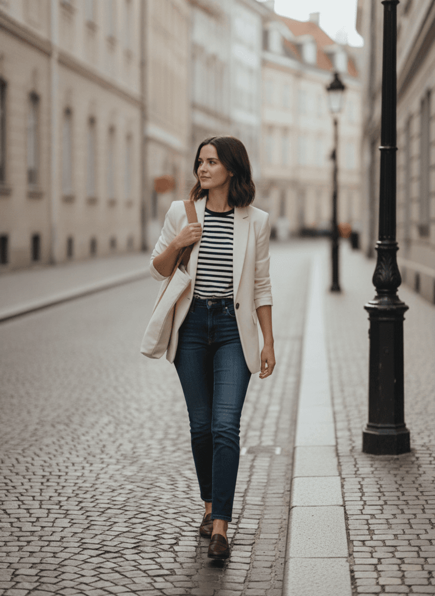 A woman on a city street, vertical architecture lines off to one side, soft late light, depth receding behind her.
