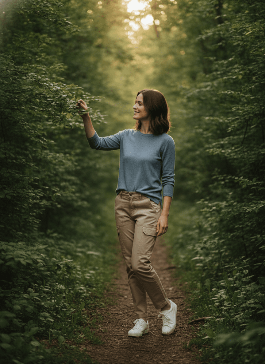 A woman among green trees at golden hour, soft backlight through the leaves, smooth green bokeh behind her.