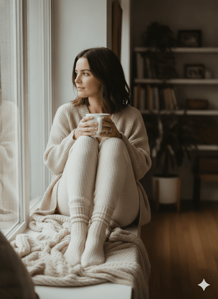 A woman by a window at home in a soft knit, morning light across her face, a mug in hand, relaxed and unposed.
