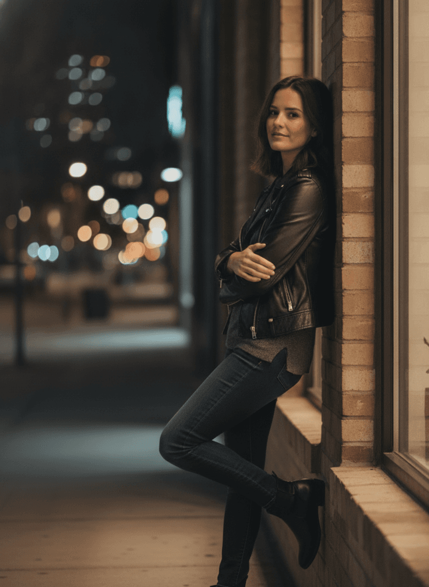 A woman at night lit by a warm storefront and neon, city lights blurred into glowing bokeh behind her, no flash.