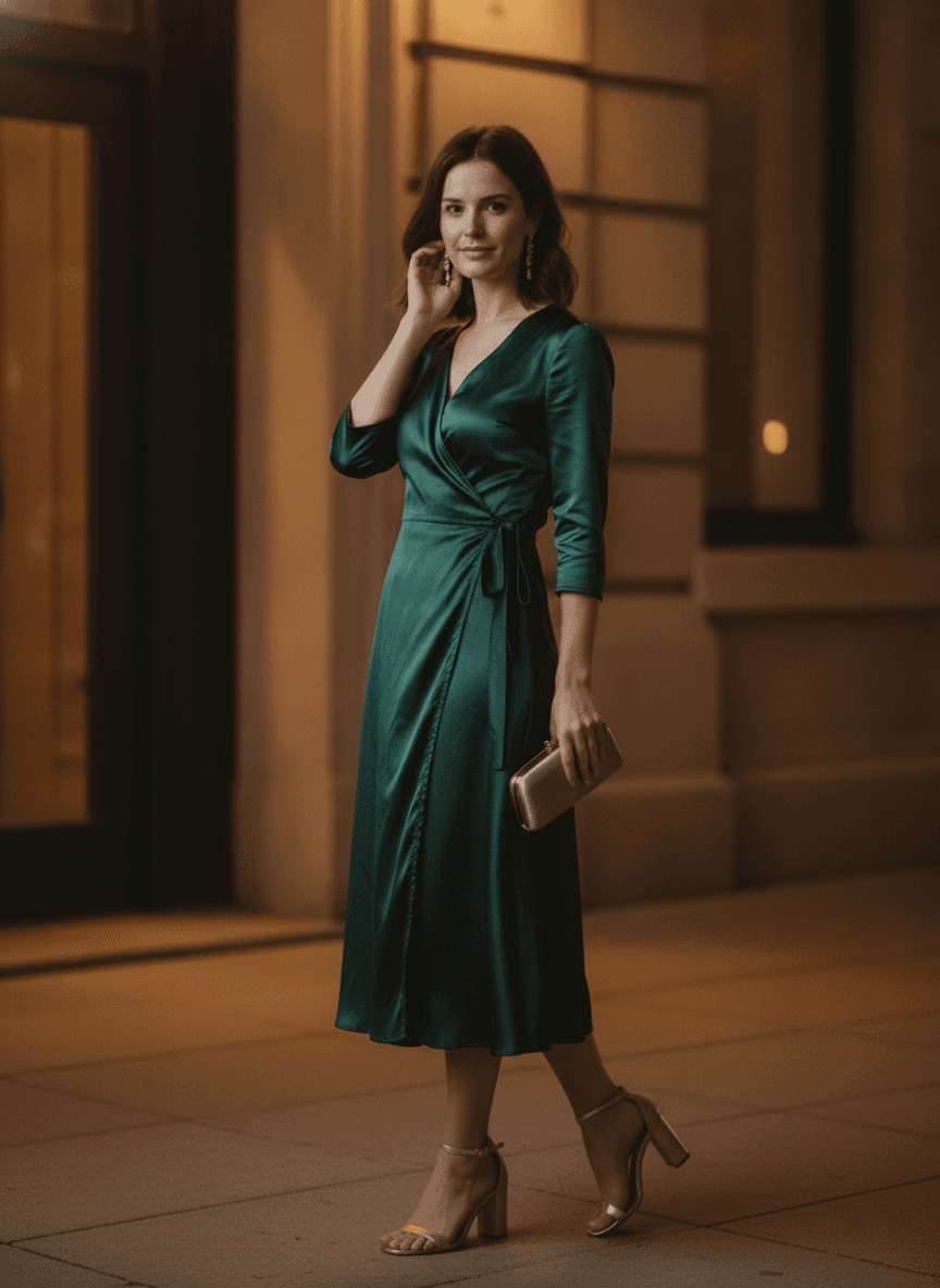 A woman dressed up for the evening, full-length, shot from a slightly low angle in soft directional light from a doorway.