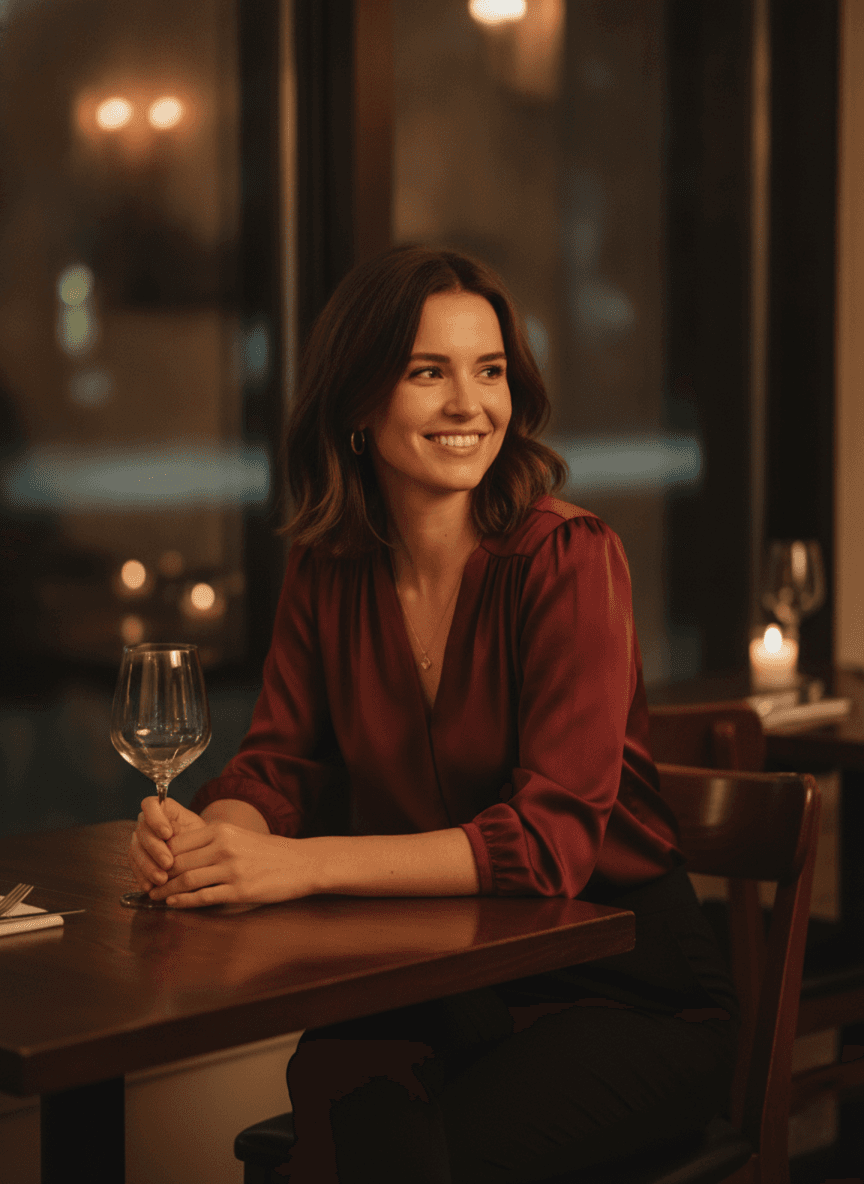 A woman at a restaurant table near a window in soft warm light, leaning in slightly, no flash, cozy ambiance intact.