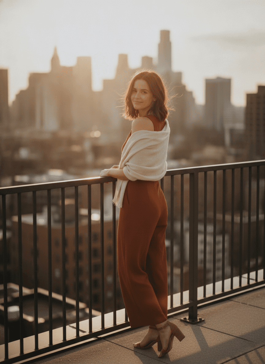 A woman on a rooftop at golden hour, city skyline softly blurred behind her, warm backlight, a railing leading into the frame.