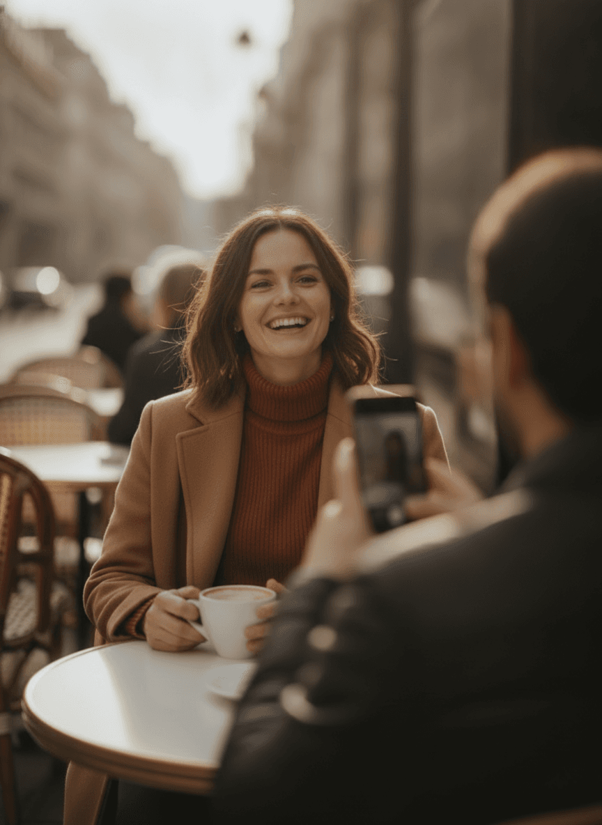 Conceptual: a relaxed, laughing woman being gently directed, comfortable in front of the camera.