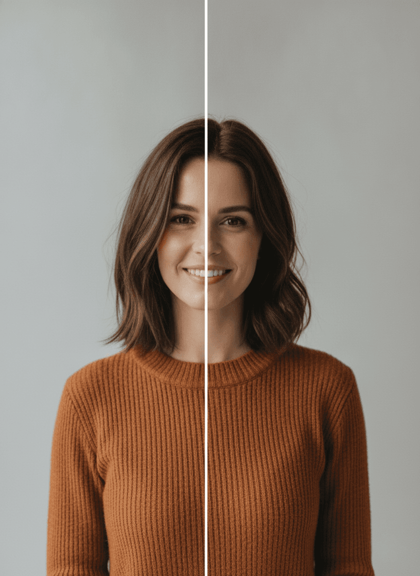 Conceptual: a before-and-after of a subtle phone edit — straightened, brightened, gently warmed.