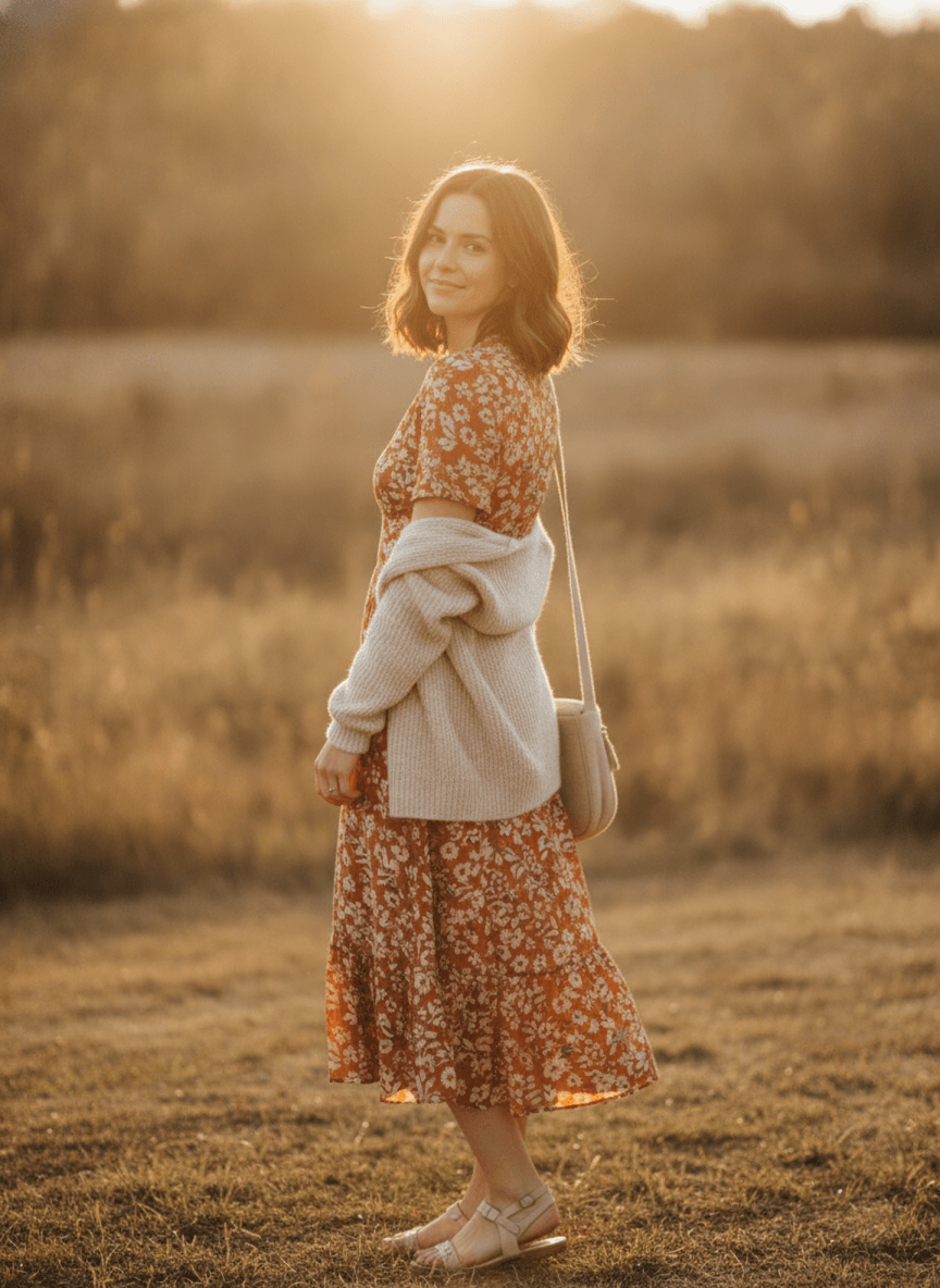 A woman at sunset with the low sun behind her, a warm rim of light around her hair and her face still bright.