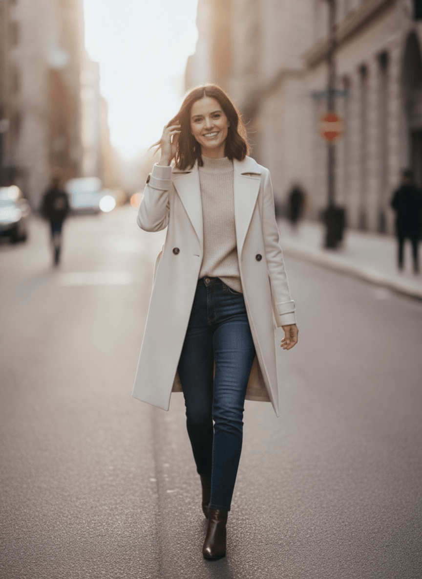 Keeper's consistent instructional model walking toward the camera on an upscale street at golden hour.