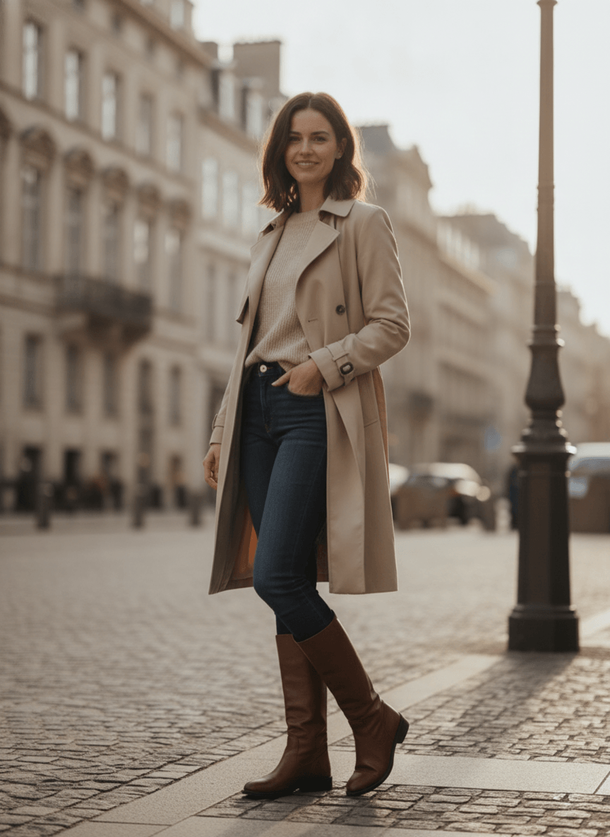 A woman on a city street in a trench coat, photographed from a low angle so she reads tall.